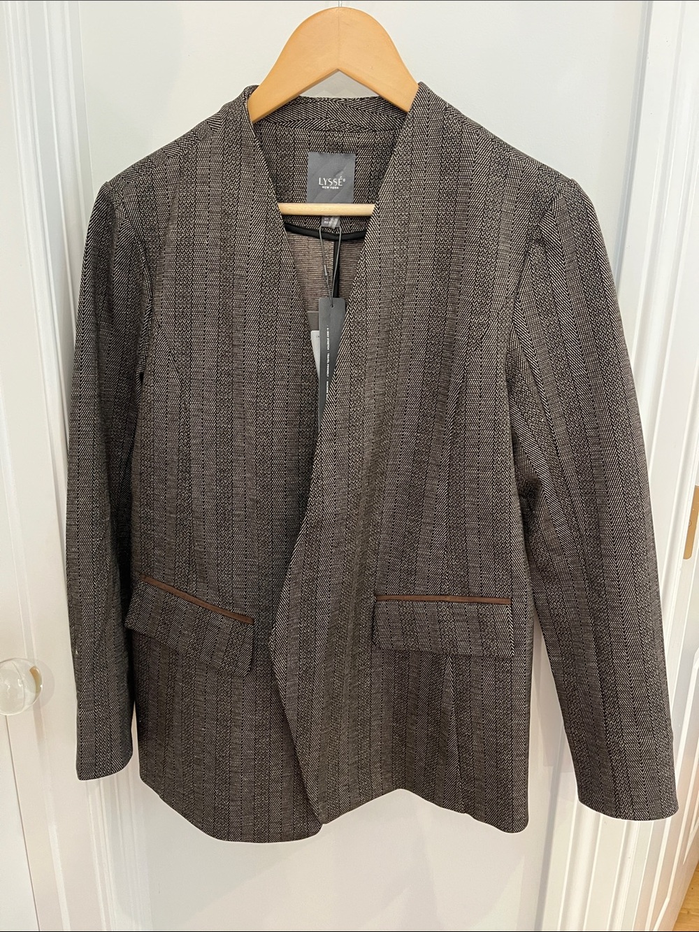 Lysse Brown-Gray Textured Collarless Open Blazer
